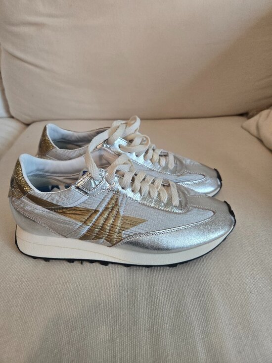 Golden Goose Shoes - Women’s Marathon with silver ripstop nylon upper and gold star $610